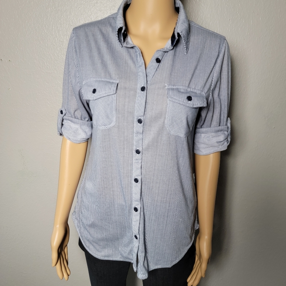Women's Size Small Eden & Olivia White& Black Striped Button Up 3/4 Sleeve Shirt